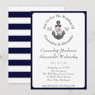 Invitation Ancre florale Mariage nautique Marine Bleu de la b