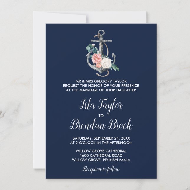 Invitation Ancre florale | Mariage officiel de la Marine (Devant)