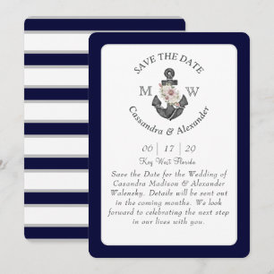 Invitation Ancre florale Marine Bleu Blanc Mariage nautique