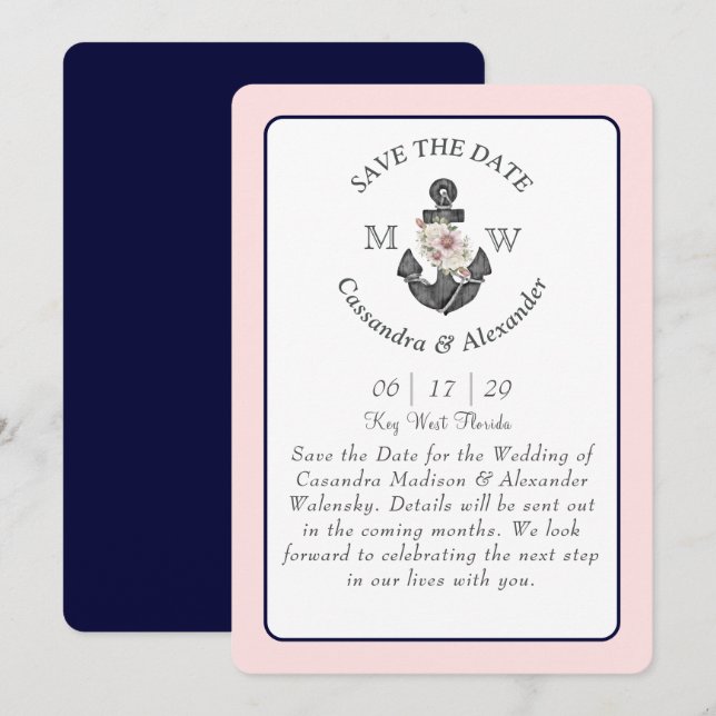 Invitation Ancre florale Marine bleu rose Mariage nautique (Devant / Derrière)
