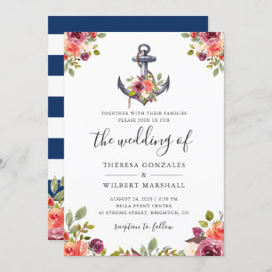 Invitation Ancre florale marine Mariage Blue Stripes