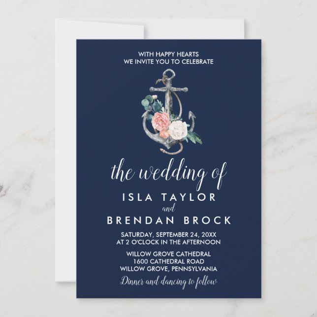 Invitation Ancre florale | Marine Summer Le Mariage de (Devant)