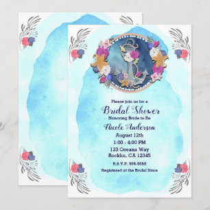 Invitation Ancre florale nautique moderne d'aquarelle bleue
