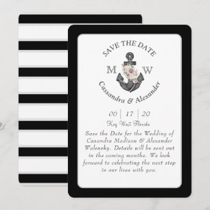 Invitation Ancre florale noir blanc gris Mariage nautique