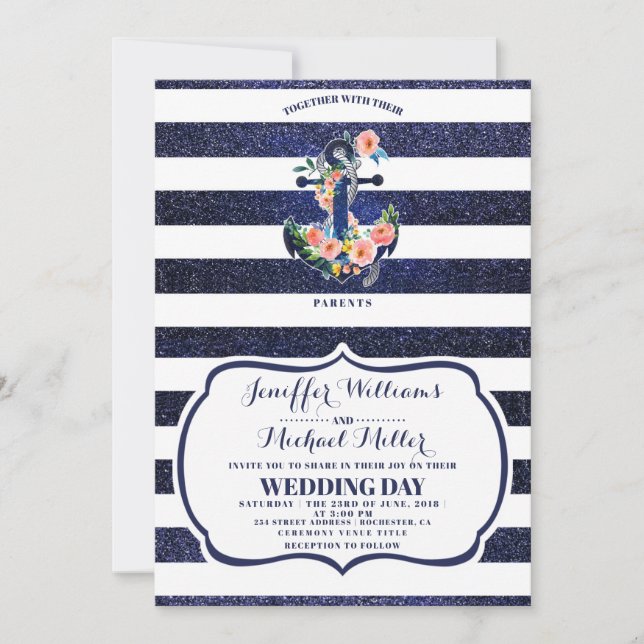Invitation Ancre florale sur mariage rayé  (Devant)