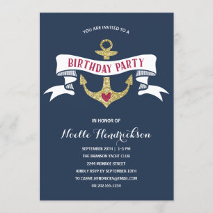 Invitation Ancre Glam  Nautique fête d'anniversaire