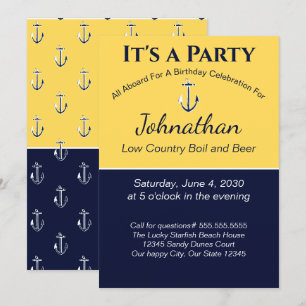 Invitation Ancre Jaune Bleu de la Marine Nautique Fête d'anni