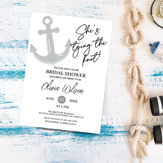 Invitation Ancre Jouer le noeud Fête des mariées nautique (She’s Tying the Knot" nautical bridal shower acrylic invitation gray anchor design, modern minimalis)
