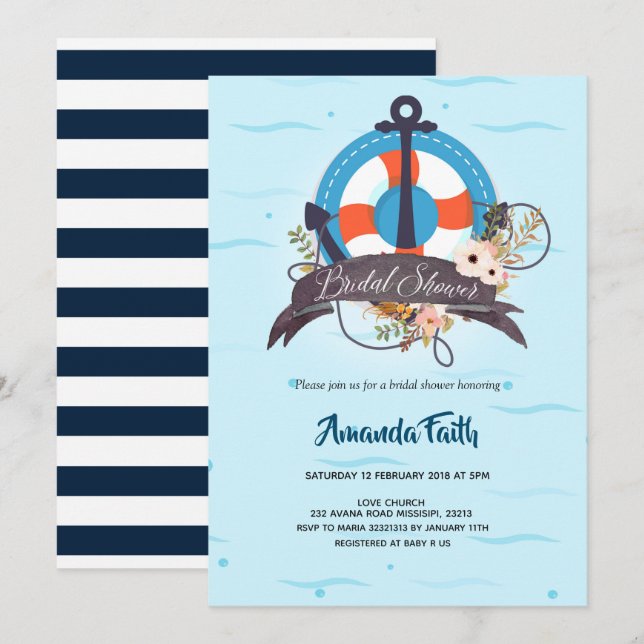 Invitation Ancre marine Baby shower floral bleu marine (Devant / Derrière)