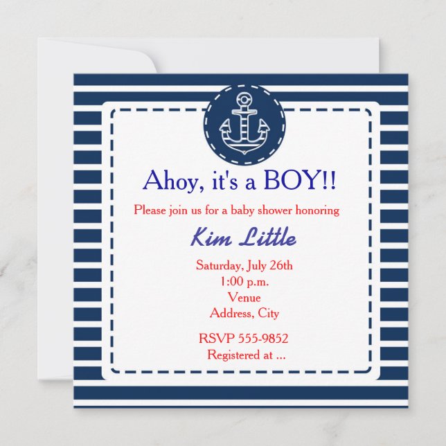 Invitation Ancre marine Baby shower rayé bleu marine (Devant)