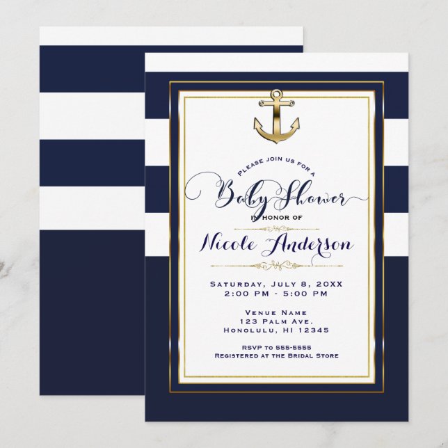 Invitation Ancre marine blanche et or Baby shower nautique (Devant / Derrière)