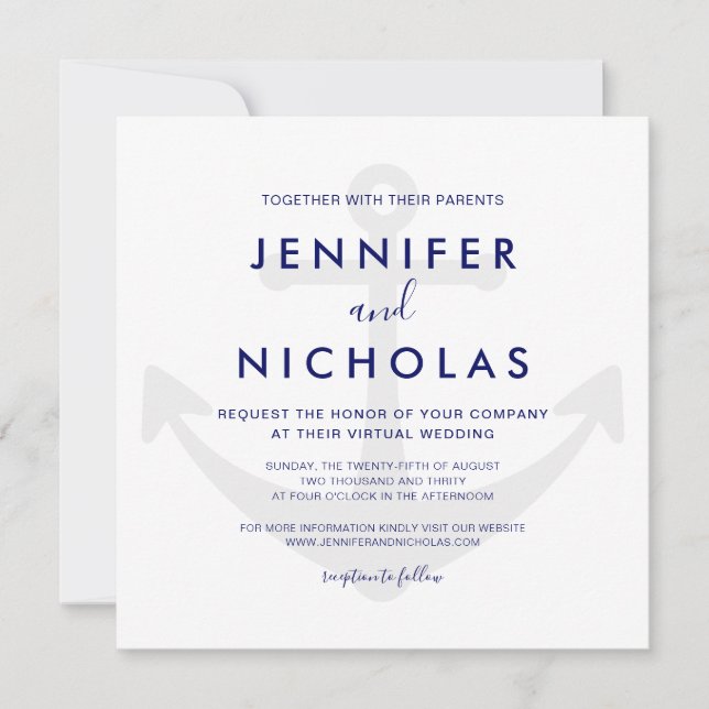 Invitation Ancre marine moderne bleu marine mariage virtuel (Devant)