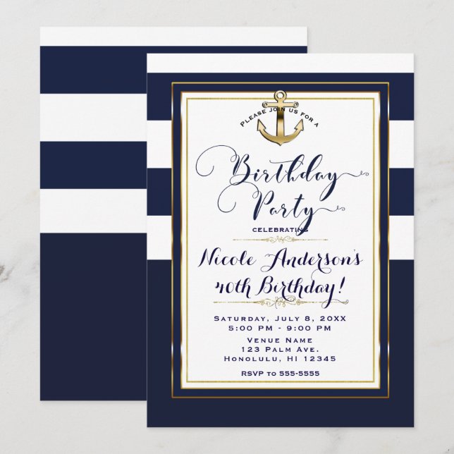 Invitation Ancre marine White & Gold Nautical Birthday Party (Devant / Derrière)