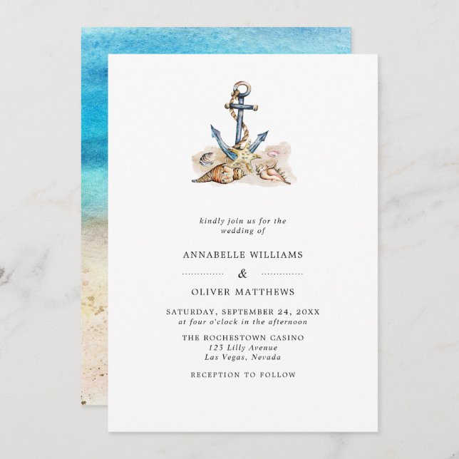 Invitation Ancre Nautical Beach Mariage d'été (Devant / Derrière)