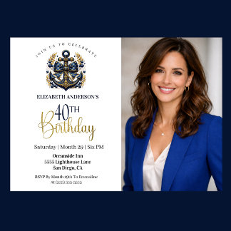 Invitation Ancre Naúticale Bleue et Or Photo 40e Anniversaire