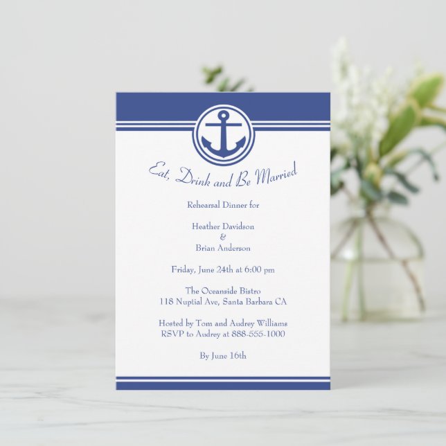Invitation Ancre nautique bleu marine Dîner de répétition Inv (Debout devant)