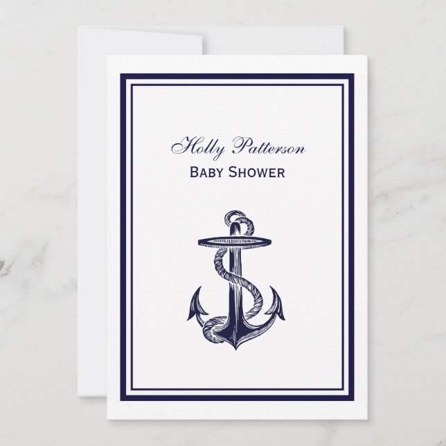 Invitation Ancre nautique  bleu marine encadré 2V Baby shower (Devant)