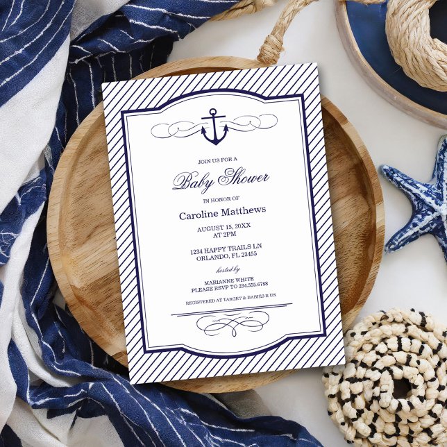 Invitation Ancre nautique bleu marine et Baby shower des rayu (Créateur téléchargé)