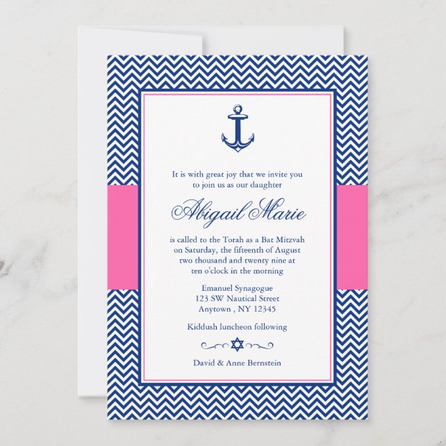 Invitation Ancre Nautique  bleu rose Bat mitzvah (Devant)