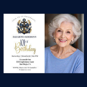 Invitation Ancre nautique bleue et or pour 101e anniversaire