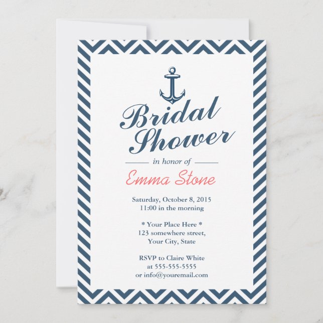 Invitation Ancre nautique Blue Chevron Stripes Fête des marié (Devant)