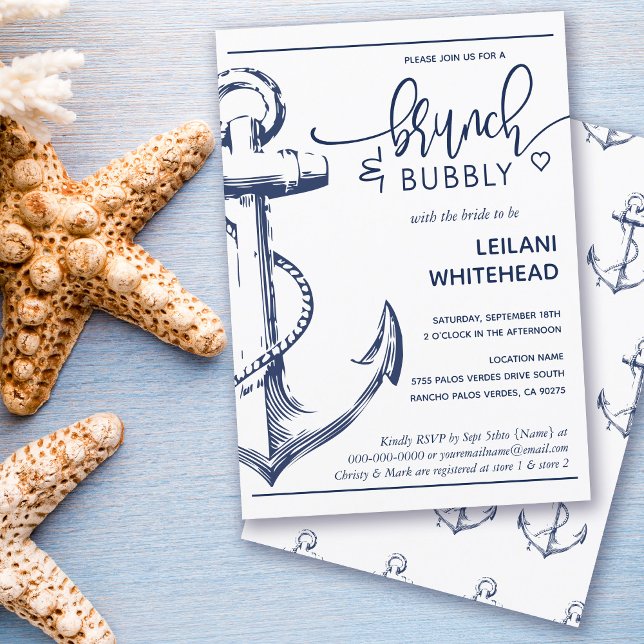 Invitation Ancre nautique Brunch Bubbly Fête des mariées blan (Créateur téléchargé)