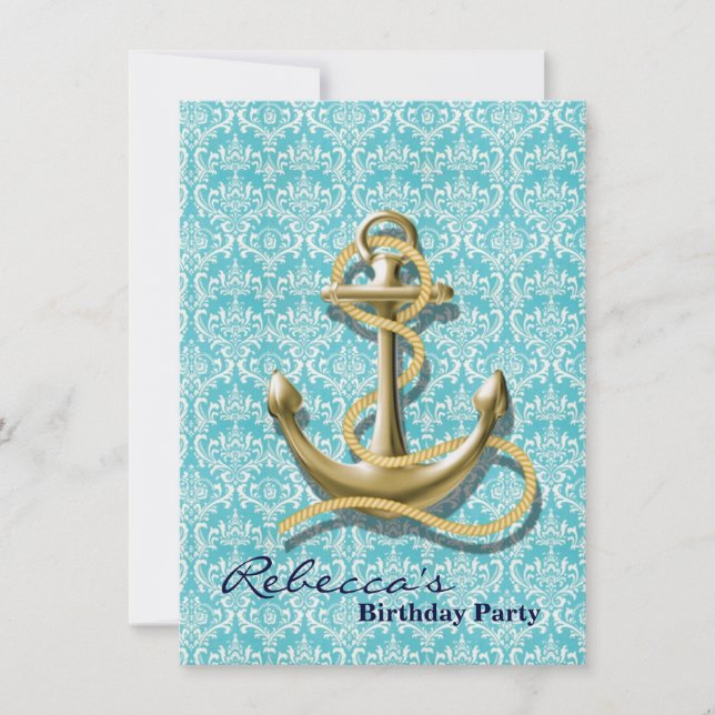 Invitation ancre nautique de marin de damassé de turquoise de (Devant)