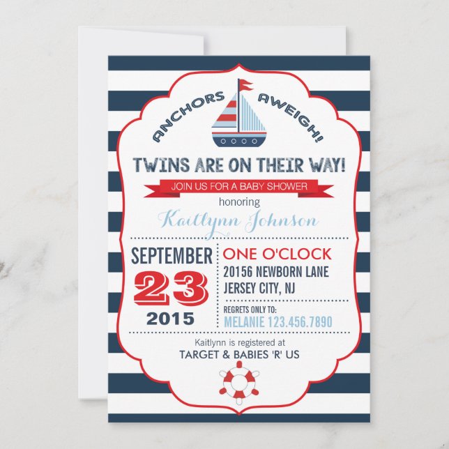 Invitation Ancre nautique et Baby shower en bande (Devant)