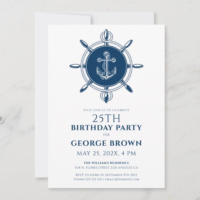 Invitation Ancre nautique et gouvernail (Devant)
