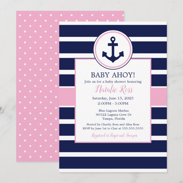 Invitation Ancre nautique été Ahoy! Baby shower fille (Devant / Derrière)