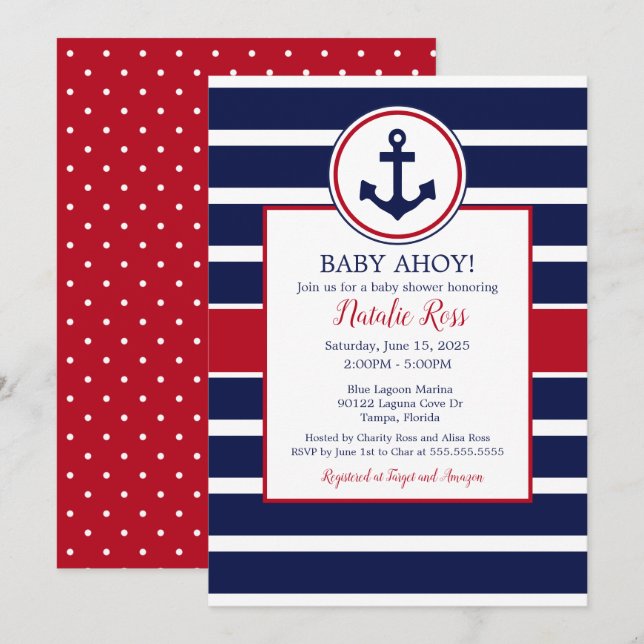Invitation Ancre nautique été Ahoy! Baby shower garçon (Devant / Derrière)