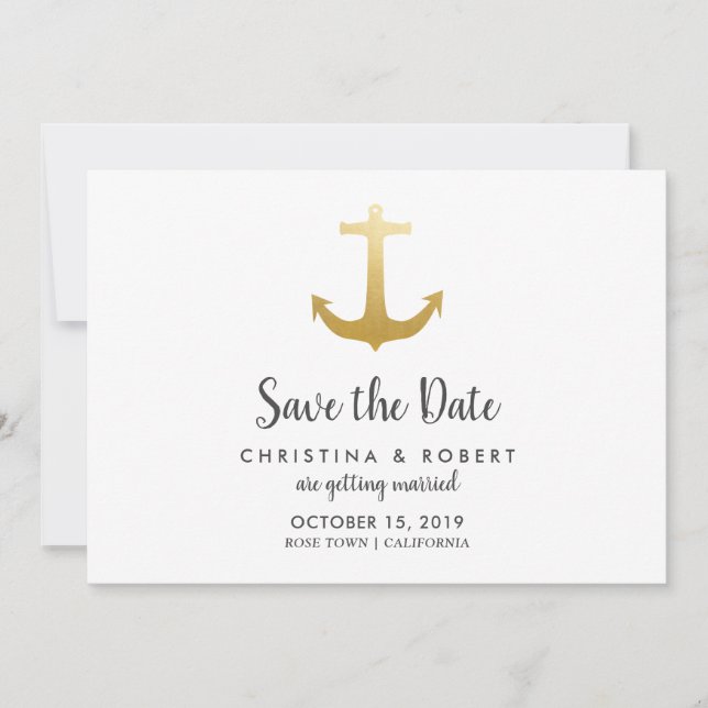Invitation Ancre Nautique Feuille de Faux Or | Save The Date (Devant)