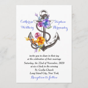 Invitation Ancre nautique Floral Blue Mariage