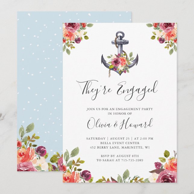 Invitation Ancre nautique Floral Knot Engagement Party (Devant / Derrière)