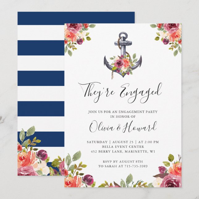 Invitation Ancre nautique Floral Navy Blue Engagement Party (Devant / Derrière)