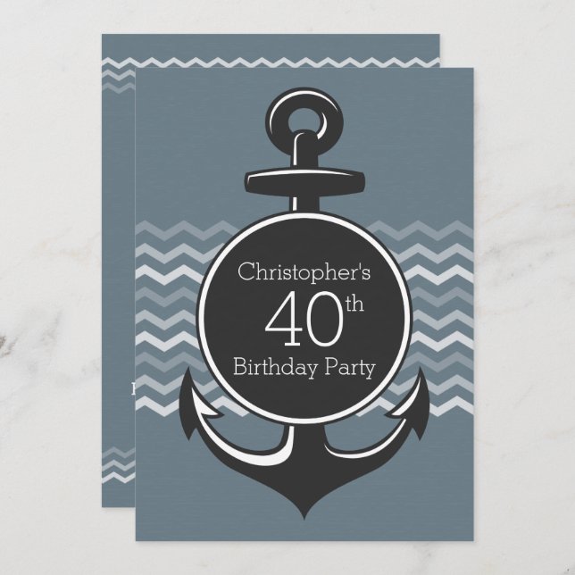 Invitation Ancre nautique Grey Chevron 40e anniversaire (Devant / Derrière)