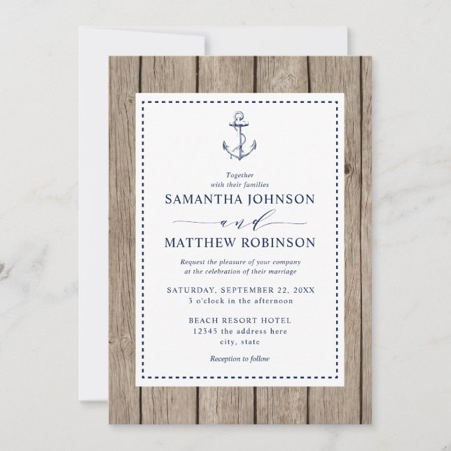 Invitation Ancre nautique Mariage en bois rustique (Devant)