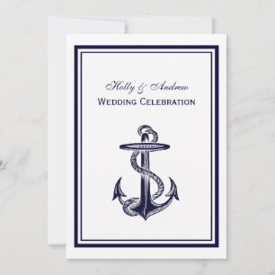 Invitation Ancre nautique Marine bleu encadré 2V Mariage