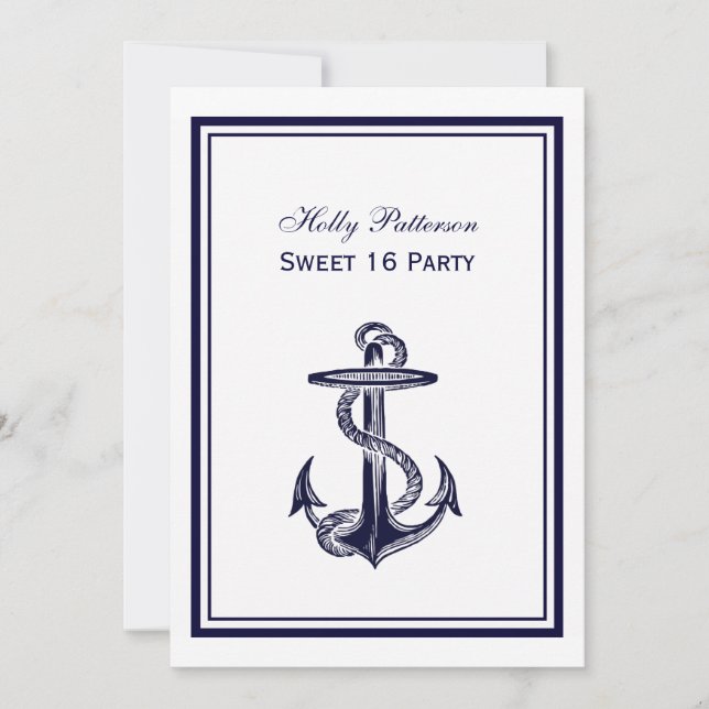Invitation Ancre nautique Marine Bleu encadré 2V Sweet 16 (Devant)