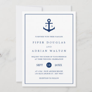 Invitation Ancre nautique Marine Blue Monogram Mariage