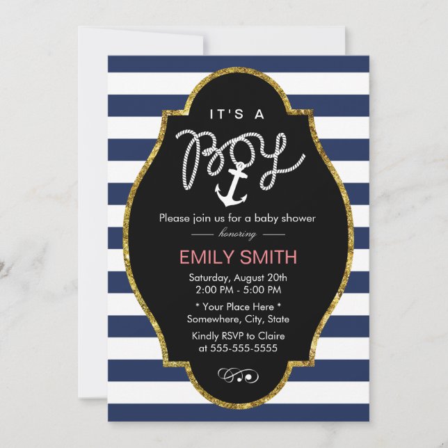 Invitation Ancre nautique Marine Blue Stripes Baby shower gar (Devant)