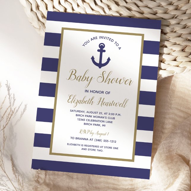 Invitation Ancre nautique Marine Blue Stripes Baby shower gar (Créateur téléchargé)