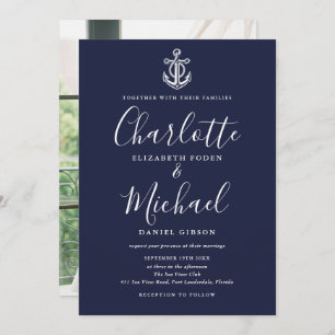Invitation Ancre nautique Marine Script bleu Mariage photo