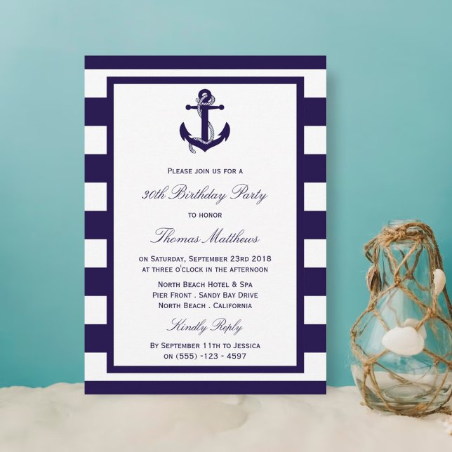 Invitation Ancre nautique Marine Stripe Beach Anniversaire (Créateur téléchargé)