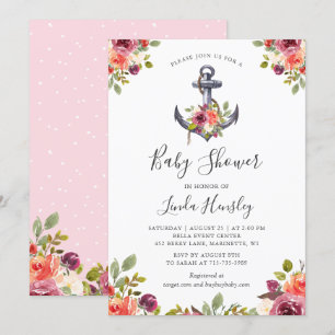 Invitation Ancre nautique moderne Baby shower floral fille