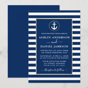 Invitation Ancre nautique moderne Gold Blue Stripes Mariage