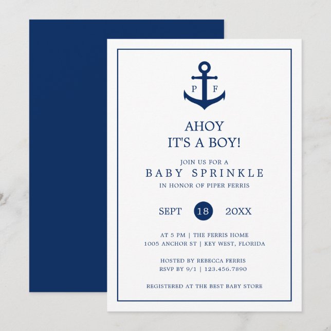 Invitation Ancre nautique Monogram Garçon Bébé Sprinkl (Devant / Derrière)