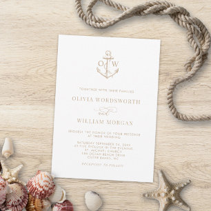 Invitation Ancre nautique Monogramme Mariage beige blanc