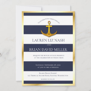 Invitation Ancre nautique or Marine Mariage bleu et blanc