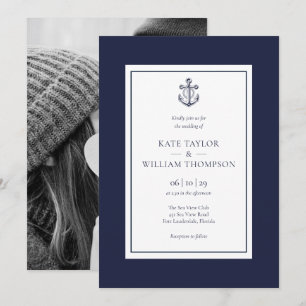 Invitation Ancre Nautique Photo Mariage Bleu Et Blanc Marine